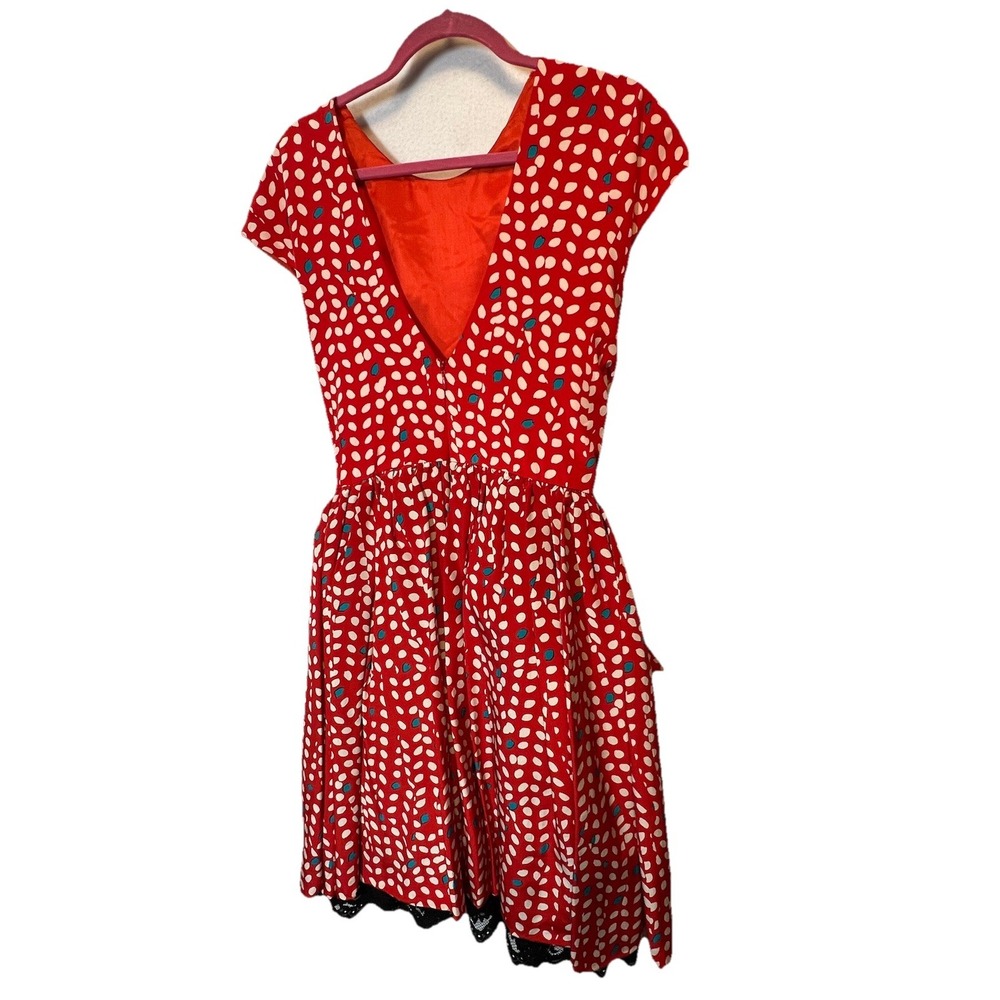 Gala by Julie Francis Womens Silk Dress Vintage Pebble Print 10 Red V-Back Lace